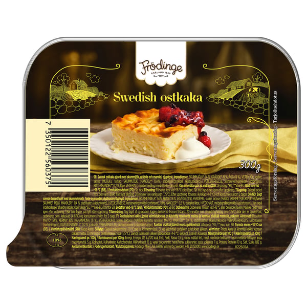 FRÖDINGE fødevareemballage, svensk ostkaka vist på etiketten, 300g.