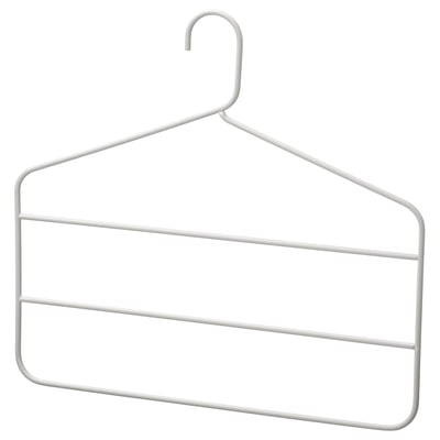 En grå GÅRDSMÄSTARE bøjle, lavet af metal, designet til at hænge flere par bukser eller nederdele effektivt.