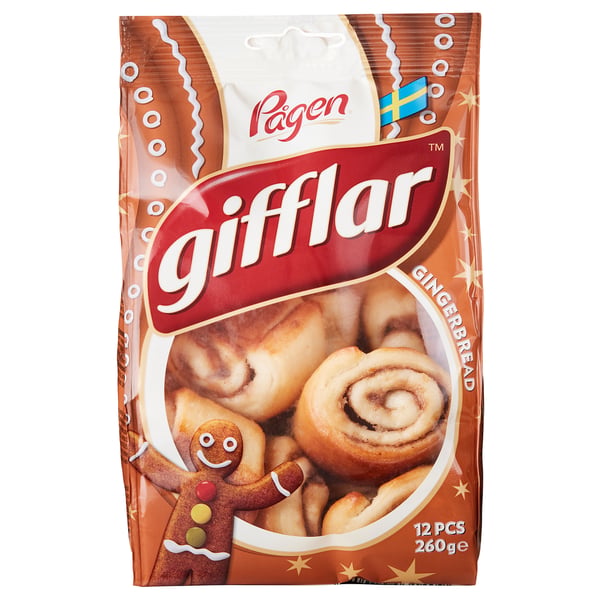 GIFFLAR honningkageemballage, der viser rullede småkager og en honningkagemand, 12 stykker, 260 g.