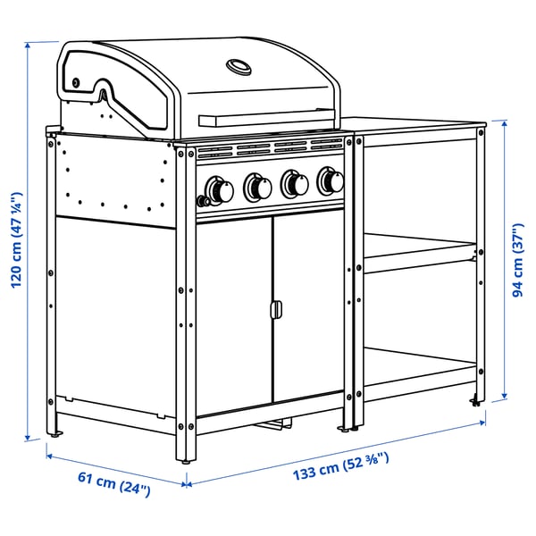 GRILLSKÄR Gasgrill med køkkenø, rustfrit stål/udendørs, 133x61 cm