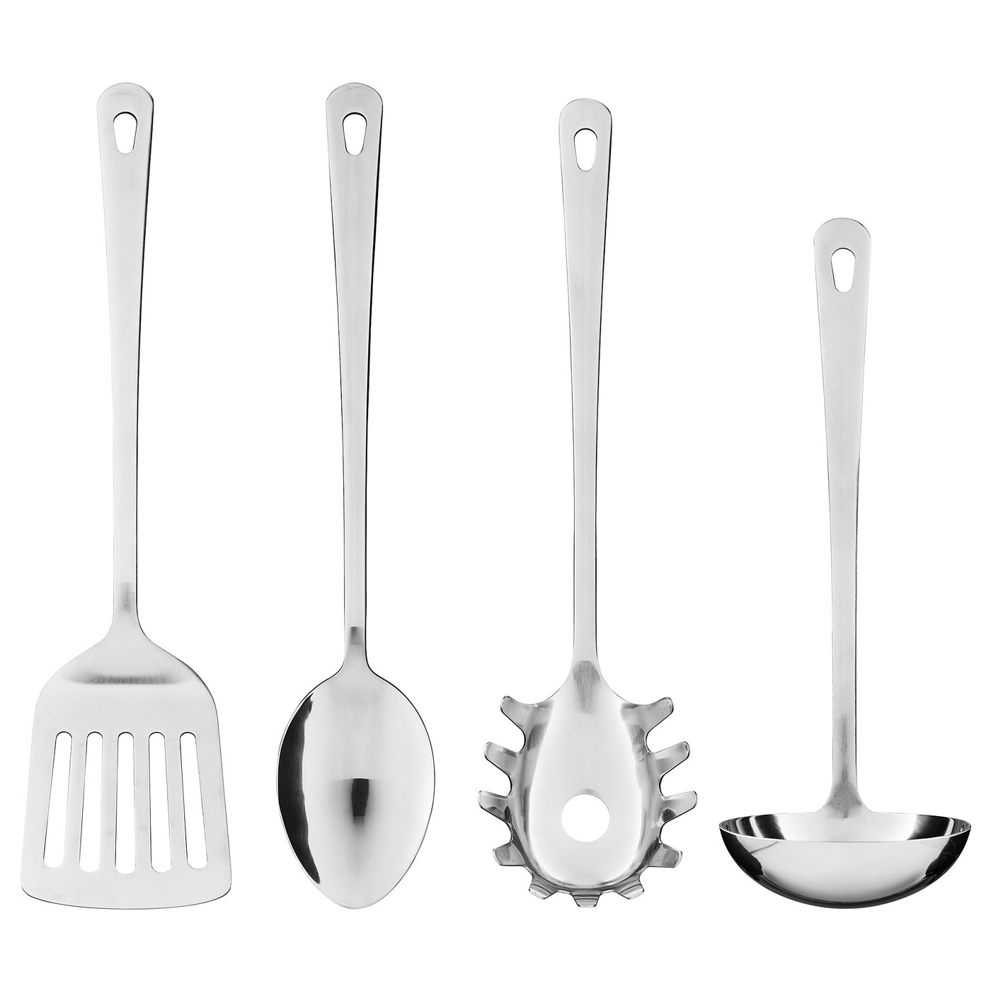 Fire køkkenredskaber i rustfrit stål: spatel, ske, skimmer, øse, alle med lange håndtag og lignende designs.