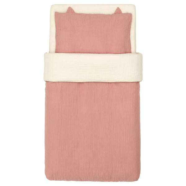 GULDVÄVARE pink babysengetøj: dyne, pude og lagen. Blød, økologisk bomuld; Hvid kant, katteører-design.