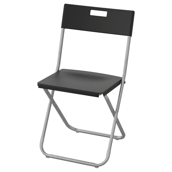 Sort og sølv foldbar stol, GUNDE, polypropylensæde, galvaniseret stålstel, minimalistisk design.