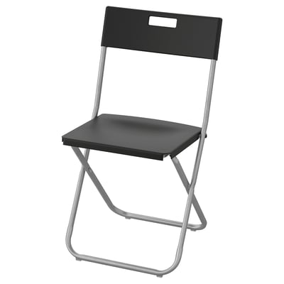 Sort og sølv foldbar stol, GUNDE, polypropylensæde, galvaniseret stålstel, minimalistisk design.