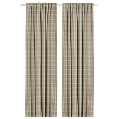 Et par beige ternede gardiner med overskriftstape, 250 cm, uldlignende.