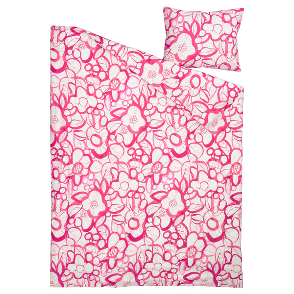 HÄRLIR dynesæt. Klar pink med blomsterdesign. Rektangulær form. Fremstillet af 50% genanvendt bomuld, 50% lyocell.
