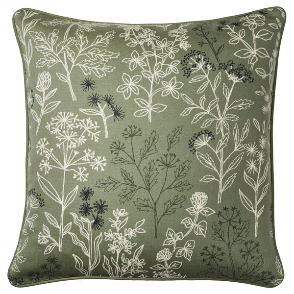 HALLONBUSKE Pudebetræk, grøn/blomstermønster, 48x48 cm