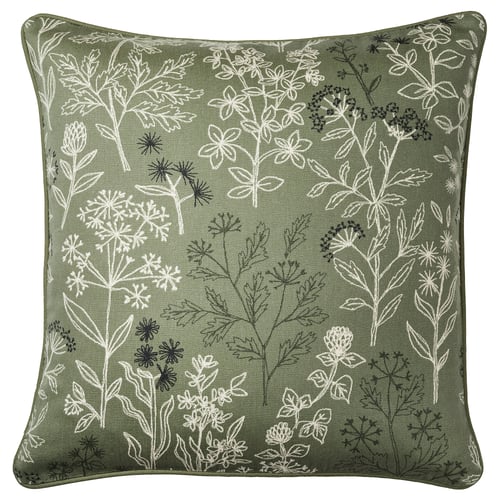 HALLONBUSKE Pudebetræk, grøn/blomstermønster, 48x48 cm