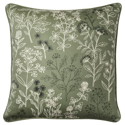 HALLONBUSKE Pudebetræk, grøn/blomstermønster, 48x48 cm