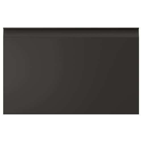 Moderne sort rektangulær opbevaringsenhed med slanke, skrå kanter og minimalistiske, integrerede greb.
