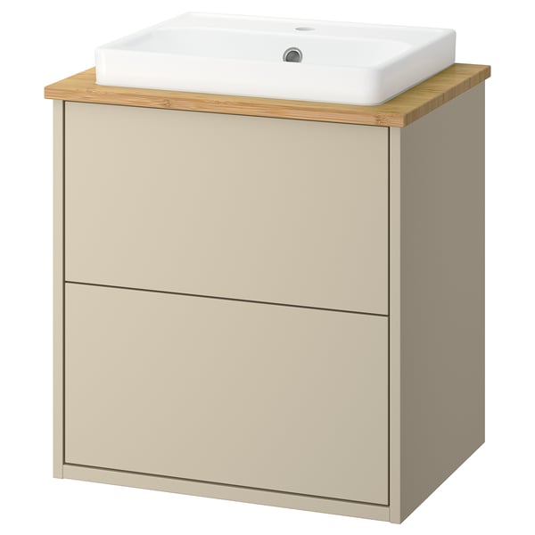 Havbaeck vaskebord: beige, bambustop, keramisk balje, vægmonteret.