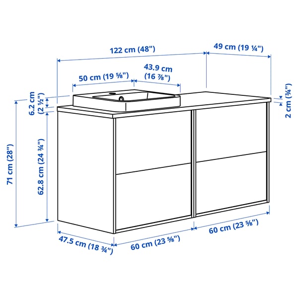 HAVBÄCK / ORRSJÖN Skab til vask/vask, hvid/bambus, 122x49x71 cm