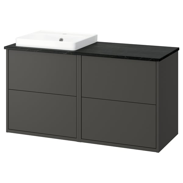 Moderne mørkegrå badeværelsesskab med elegant bordplade og vask; minimalistisk design.