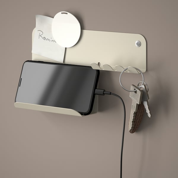 Vægarrangør holder telefon, nøgler, noter. Magnetisk overflade til noter. Hylde til telefonopladning.