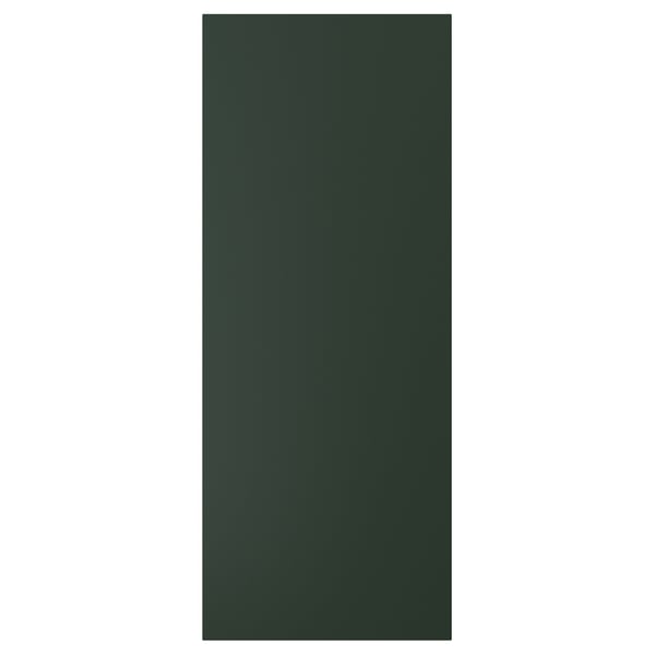 En rektangulær mørkegrøn dør. Den har en ren, glat overflade og enkelt design. Døren er lavet af fiberplade malet med akrylmaling.