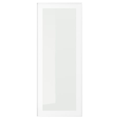 En hvid HEJSTA glasskabslåge med et moderne, minimalistisk design med integreret greb og indrammede kanter.