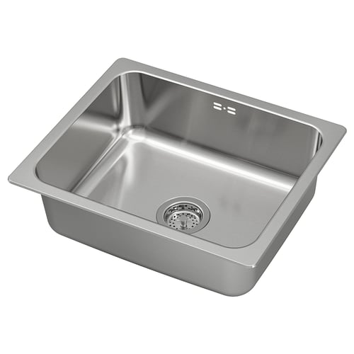 HILLESJÖN vask i rustfrit stål, et moderne og holdbart enkelthåndvaskdesign med en firkantet form og poleret finish. Det er et siafløb.