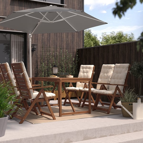 Udendørsservering med træbord og HÖGÖN sort parasol, polstrede stole og frodige planter, perfekt til afslapning.