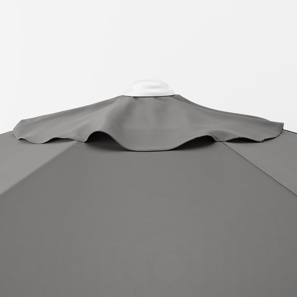 Forestil dig en grå parasol af høj kvalitet med et hvidt håndtag og luftventil, der understreger dens robuste design og solbeskyttende stof.