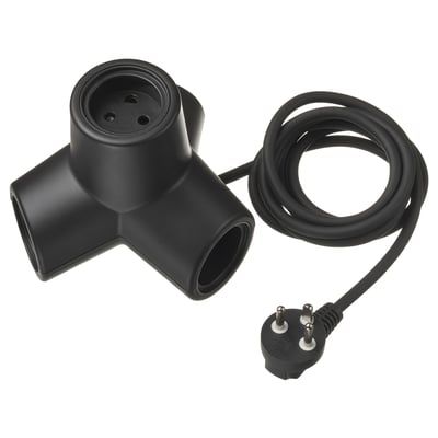 Sort HORNFELS 4-vejs forlængerledning, vinklet form, lavet af genanvendt polycarbonatplast, legende design.