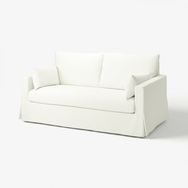 HYLTARP hvid sofa, moderne rent design, bløde puder, hyggelig og alsidig til opholds- eller gæsteværelser.