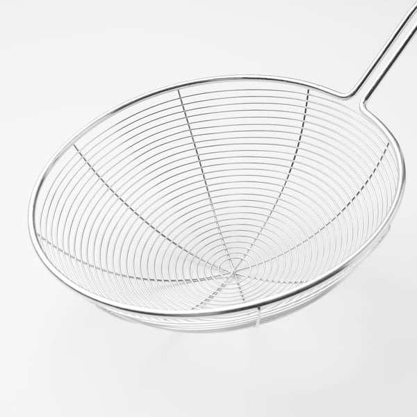 Skimmer i rustfrit stål, holdbart, fast greb, effektivt til belastning.