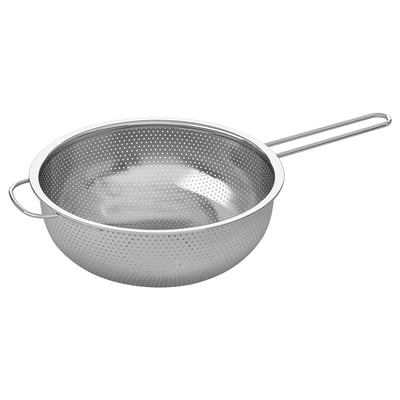 Dørslag i rustfrit stål, rund form, to sidehåndtag, hvid baggrund.