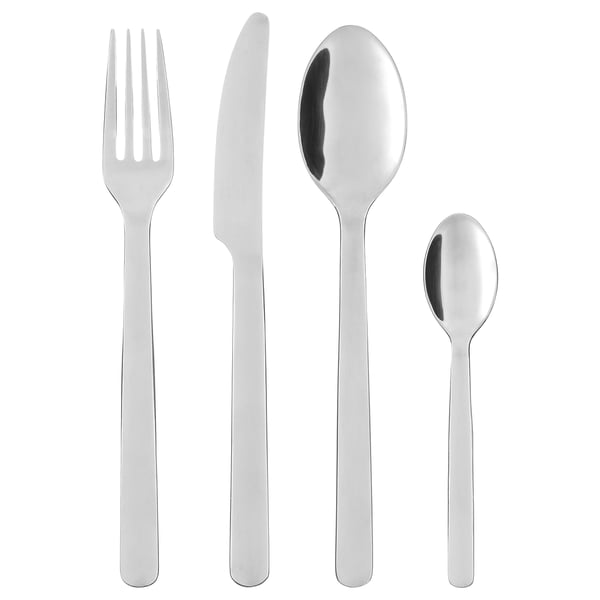 IKEA 365+ bestiksæt: gaffel, kniv, stor ske, lille ske. Slankt design i rustfrit stål, enkelt og praktisk.