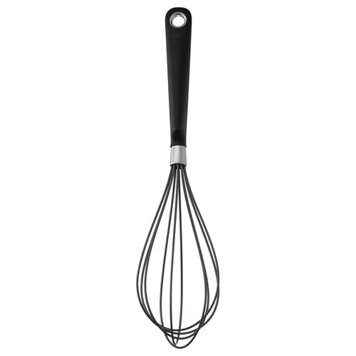 Sort silikone ikea piskeris med rustfri ståltråde og et behageligt greb til sikker køkkenbrug.