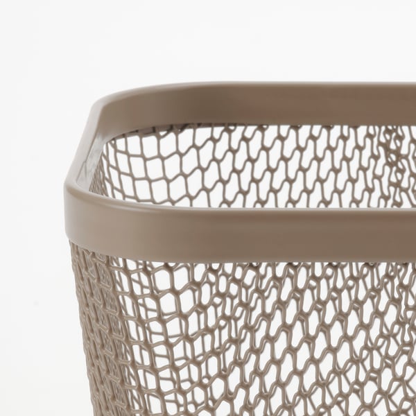Rektangulær opbevaringskurv i net, beige. Robust, åbent design for ventilation og synlighed.