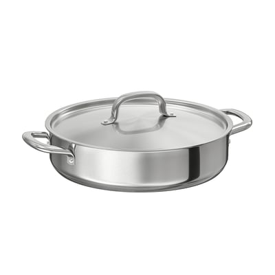 Sølvfarvet IKEA 365+ sauterpande i rustfrit stål med låg.