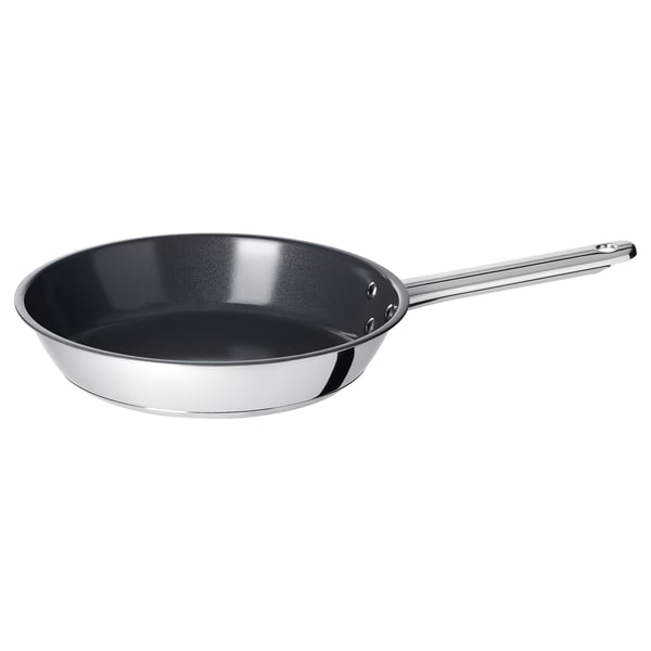 IKEA 365+ pande, sort non-stick indvendigt, sølv rustfrit stål udvendigt, rund form, langt håndtag, velegnet til alle varmekilder.