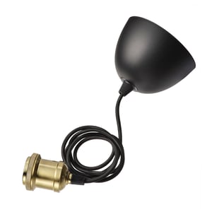 Dette billede er en JÄLLBY sort skrivebordslampe med en gylden base, fleksibel ledning og slankt design.