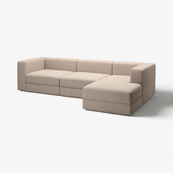 Moderne, beige, modulær sofa JÄTTEBO med chaiselong. Bløde, brede puder, enkelt design.