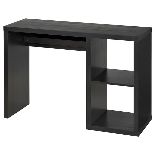 Sort ikea KALLAX skrivebord, rektangulært med opbevaring, minimalistisk design, kabeludtag.