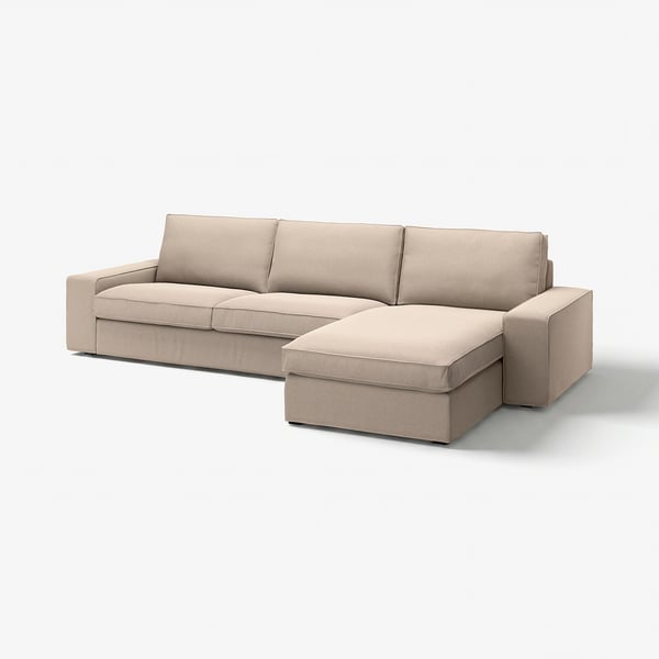 Stor neutraltonet beige sektionssofa med chaiselong, moderne minimalistisk design.