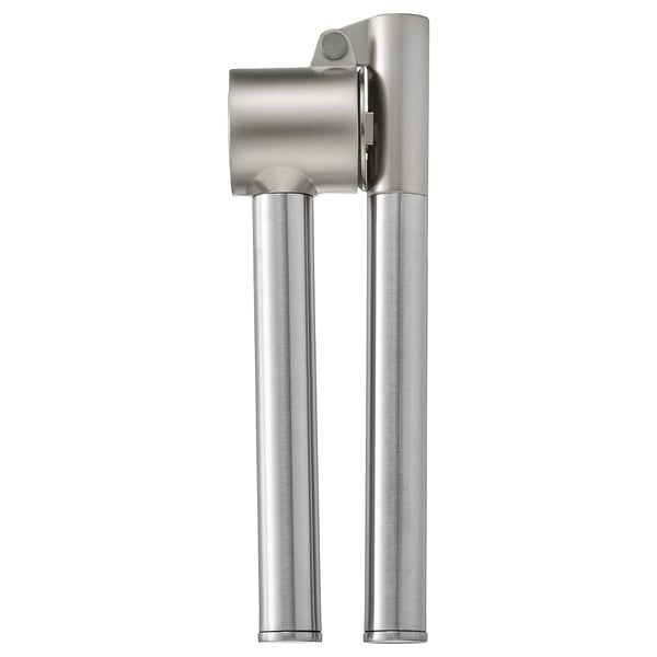 Hvidløgspresse KONCIS, sølv, aluminium og rustfrit stål, cylindrisk design med håndtag.