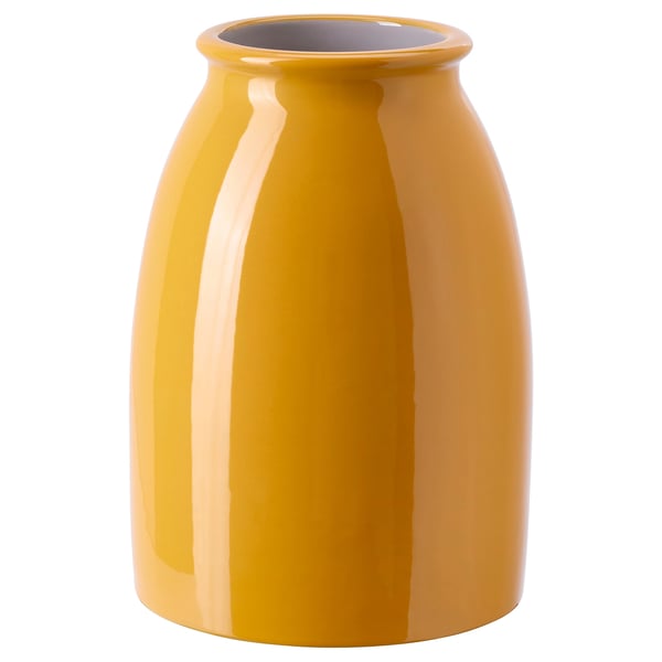Sennepsgul KOPPARBJÖRK stentøjsvase med blank glasur, enkel afrundet form, uden blomster.