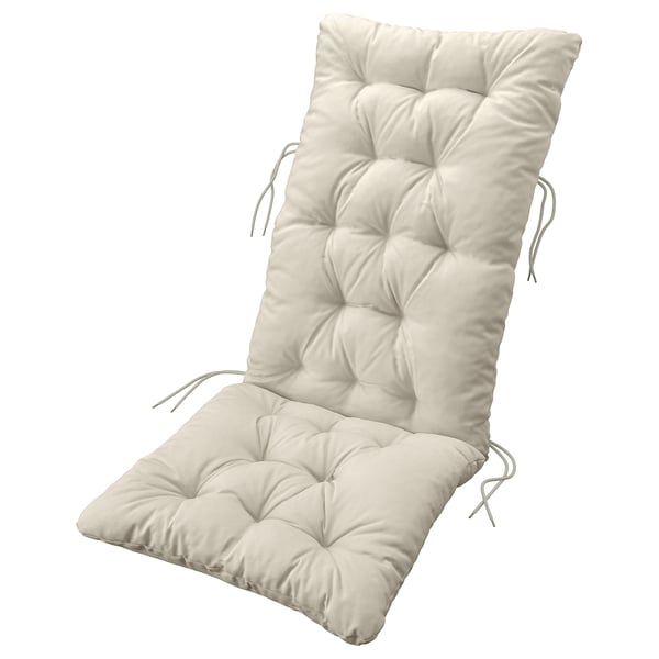 En KUDDARNA stolepynde, beige, med tuftet design, bindebånd til sikring og genanvendt polyestermateriale.