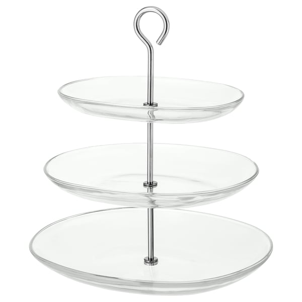 KVITTERA 3-lags serveringsstativ i glas, moderne design, klar farve, håndtag i rustfrit stål, runde tallerkener.