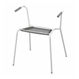 LÄKTARE: hvid metalstol med grå håndtag og bakke. Enkelt, moderne design.