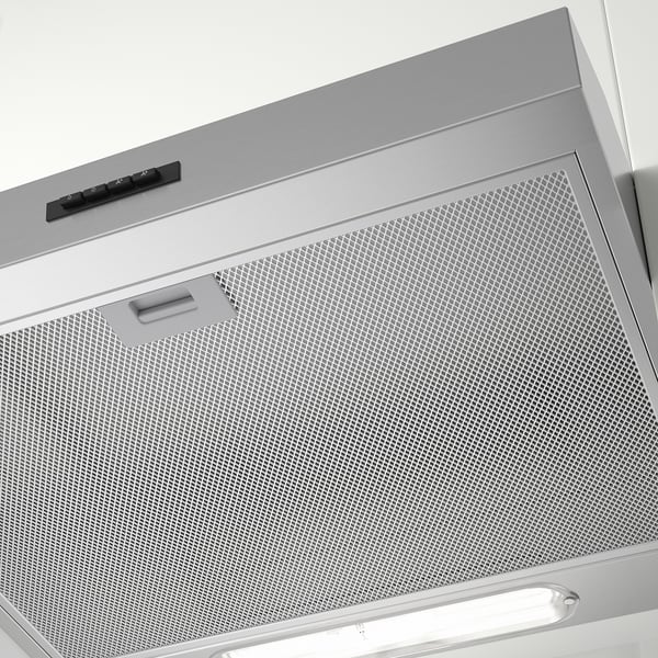 Emhætte i rustfrit stål med integreret LED-lys, kontrolpanel og netfilter.