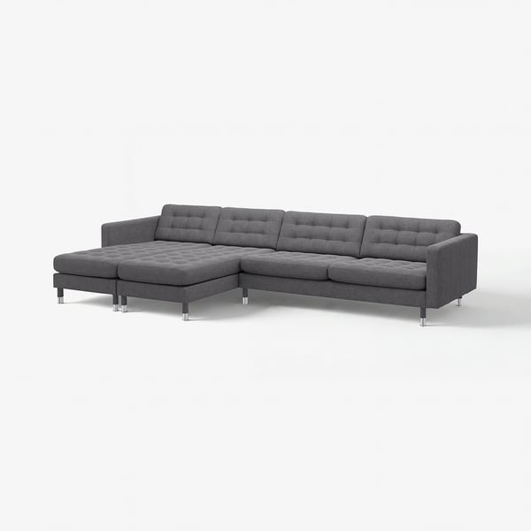 Grå u-formet LANDSKRONA sektionssofa, moderne design med kromben og tuftede puder.