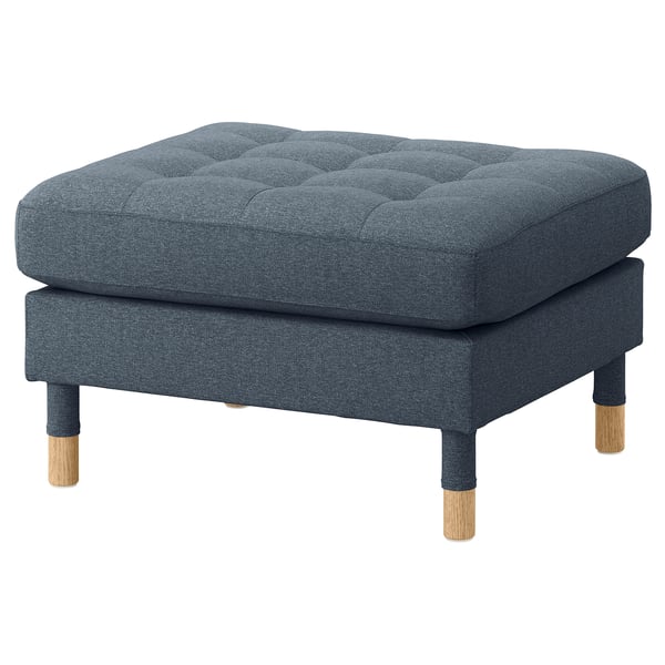 Blå LANDSKRONA stof fodskammel, træben, firkantet form, hyggeligt design.