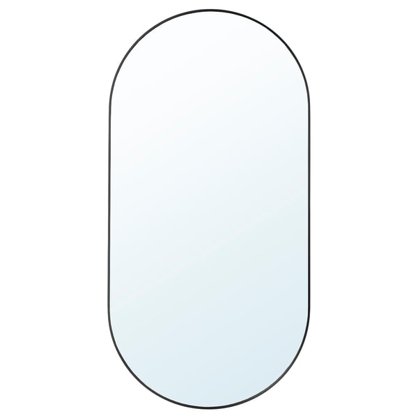 LINDBYN ovalt spejl, sort ramme, bløde afrundede kanter, reflekterende glas midt i.