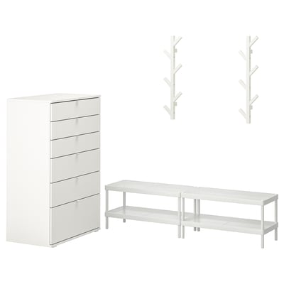 Ikea MACKAPÄR sæt: Kommode med 6 skuffer, skohylde med 2 hylder og 2 vægophæng. Moderne, minimalistisk design.