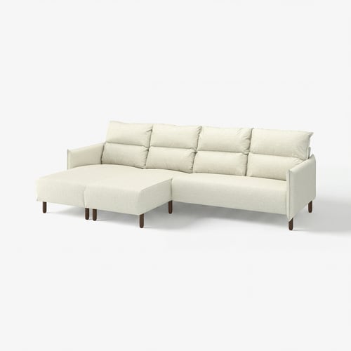 MANNARP cremefarvet sofa, moderne design, høj ryg, bløde puder, træben, L-formet.