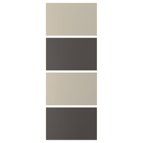 MEHAMN skydedøre i lys beige og mørkegrå; rektangulære, tofarvede paneler med fiberplade og papirfoliemateriale.