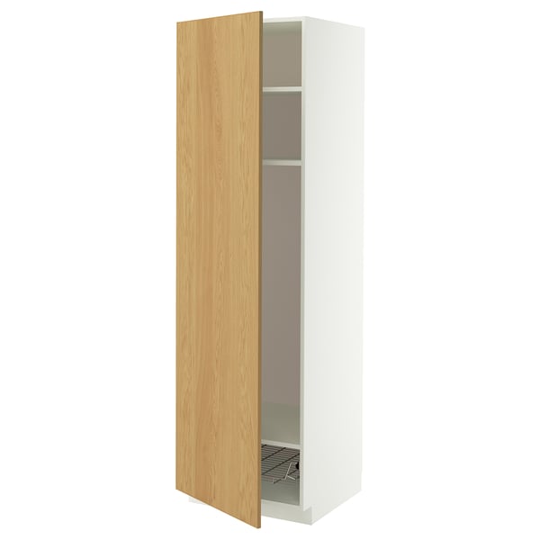 METOD Højskab med hylder/trådkurv, hvid/Sinarp egetræsfiner, 60x60x200 cm