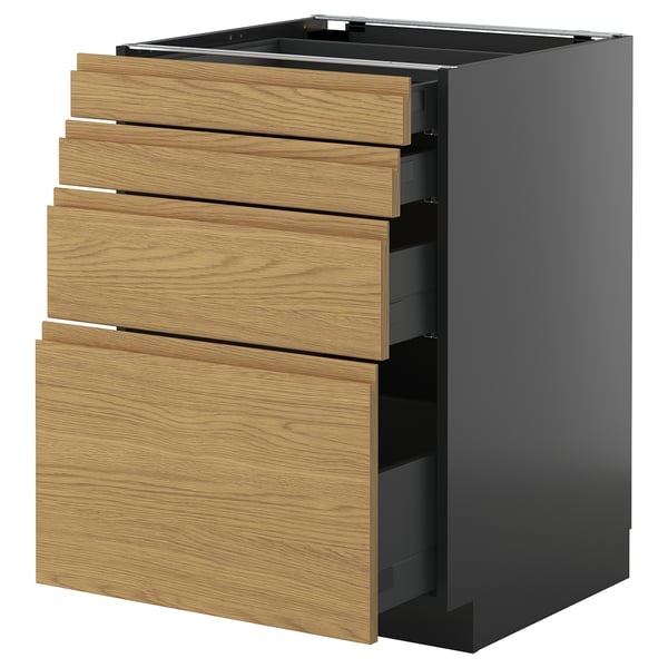 Moderne sorte køkkenskuffer med egetræsside, slanke og minimalistiske.